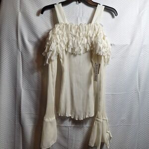 NWT$ KAELYN-MAX Off Shoulder Fringe Crinkle Stretch Top Sz M Ivory Festive Boho